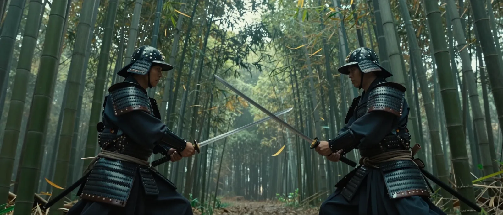 Two samurai facing off in a windswept bamboo forest