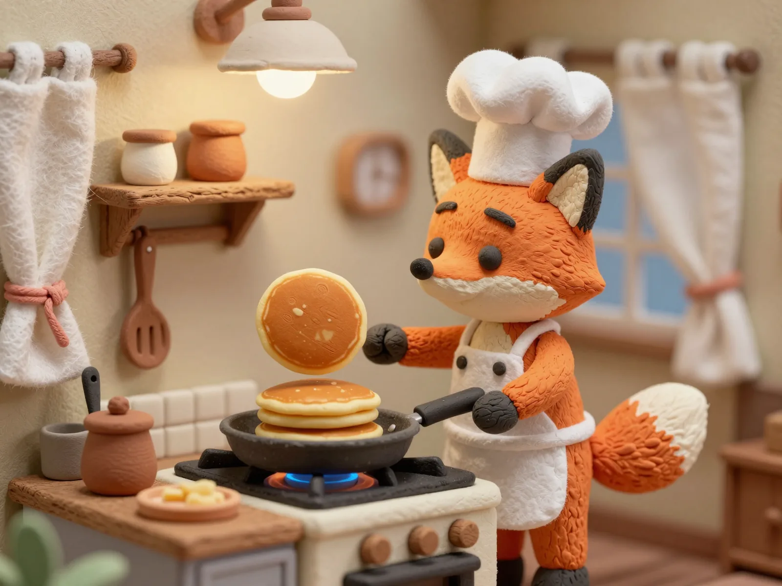 Claymation fox chef flipping a pancake in a tiny warm-lit kitchen
