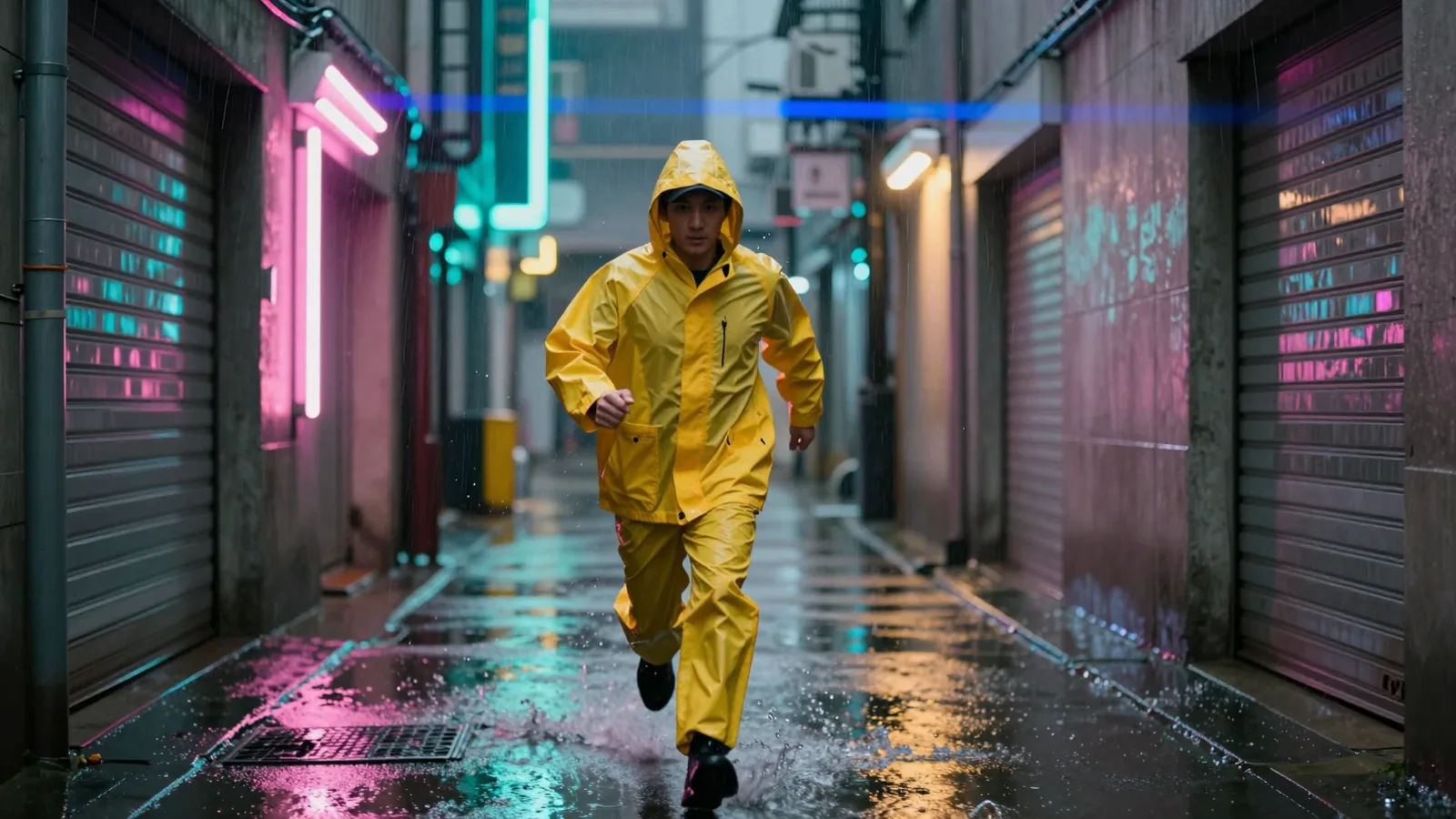 Courier in a yellow raincoat sprinting through a rain-soaked neon alley at night