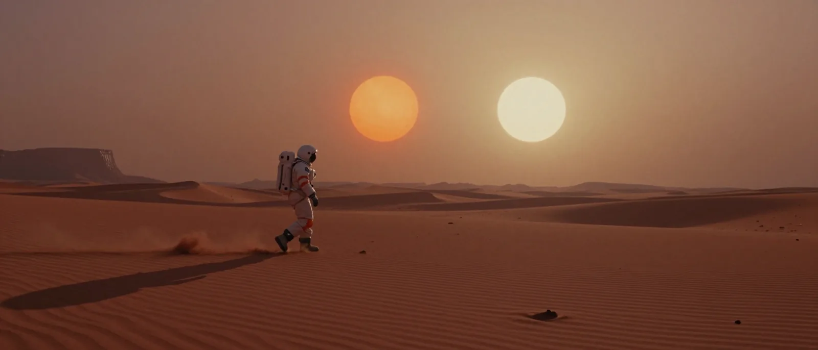 Astronaut walking across a red desert planet under twin low suns